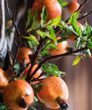 Artificial Fruit Yellow Orange Pomegranate Fruit Stem 36": Five Pomegranate fruits per stem/five stems