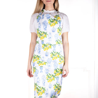 Versatile Blue Chinoiserie Lemon Tree Apron with pocket, designed for a lively kitchen and crafting.