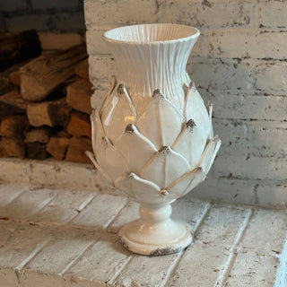 Display of the Scavo Harvest Urn - New: Antique White Italian Artichoke Vase, showcasing its grandeur in home decor.
