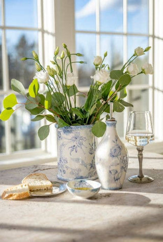 Elegant Giulietta Blue Utensil Holder handmade in Tuscany Italy with a graceful blue rim and artistic craftsmanship.