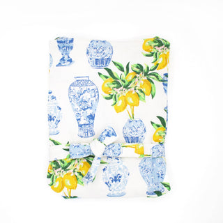 Chic Blue Chinoiserie Lemon Tree Cotton Apron with pocket, combining elegance and practicality.