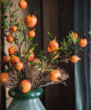 Artificial Fruit Yellow Orange Pomegranate Fruit Stem 36": Five Pomegranate fruits per stem/five stems