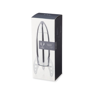 Close-up of the Irving™ Stainless Steel Rocket Cocktail Shaker highlighting its sleek polished finish and integrated strainer, a unique cocktail shaker for home bartenders.