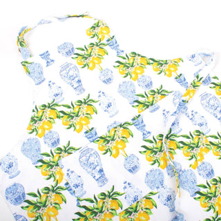 Stylish Blue Chinoiserie Lemon Tree Cotton Apron with pocket, perfect for cooking and baking.