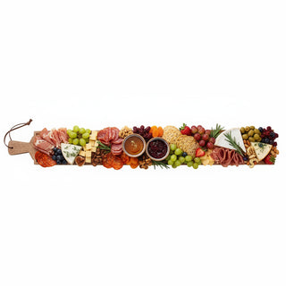 Texas A&M Aggies Charcuterie Snack Slider Board showcasing the elegant 33" wide mango wood design with leather accents, ideal for game day snacks.