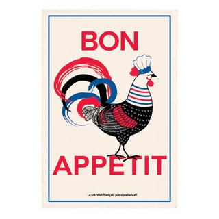 Torchons & Bouchons Tea Towel Bon Appetit Rooster featuring a vibrant design with a proud French rooster and the phrase 'Bon Appétit' - perfect for adding charm to any kitchen as a rooster tea towel.