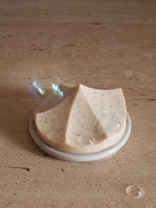 Season and Stir™ Handmade Erode Soap Set - Linden with Grey Bouton Plate, showcasing its unique sculptural design.