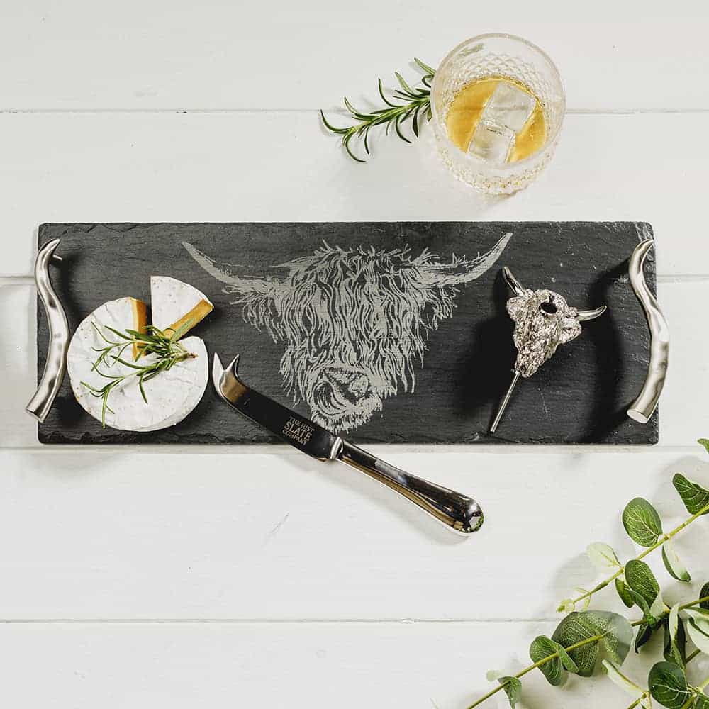 Highland Cow Tray, Cheese Knife & Highland Cow Bottle Pourer