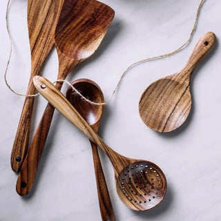 Season and Stir™ Stunning set of 7 wooden kitchen utensils with holder