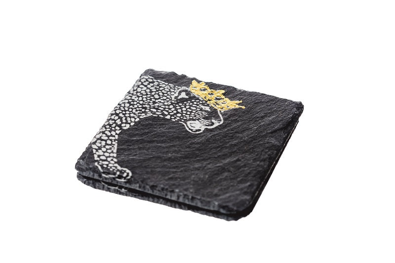 Season and Stir™ 2 Gold Crowned Leopard Slate Coasters