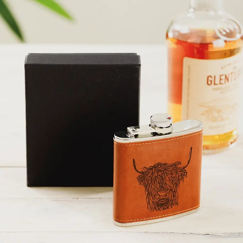 Season and Stir™ Engraved Leather Wrapped Hipflask - 3 choices of Stag, Pheasant or Highland Cow