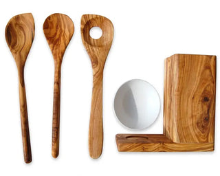 Season and Stir™ All-in one olive wood utensil cup including three cooking spoons - high quality